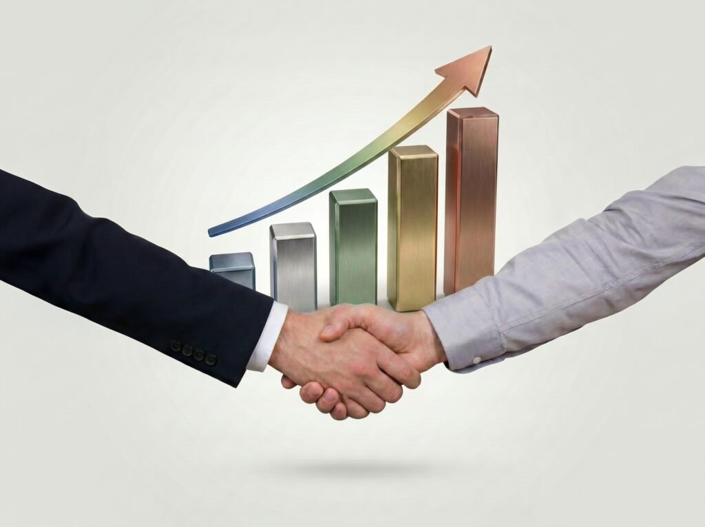 Two business partners shaking hands in front of a rising metallic bar graph representing Water Purifier business growth
