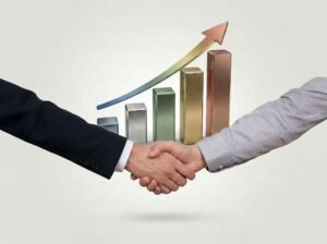 Two business partners shaking hands in front of a rising metallic bar graph representing Water Purifier business growth