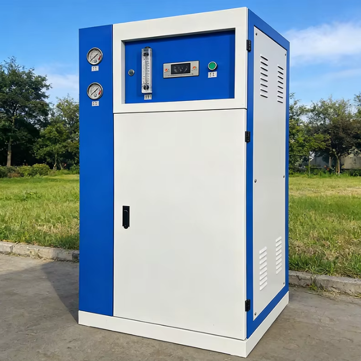 Freestanding commercial cabinet RO water purification system with side ventilation panels and pressure gauges shown in outdoor setting by Chinese Purifier
