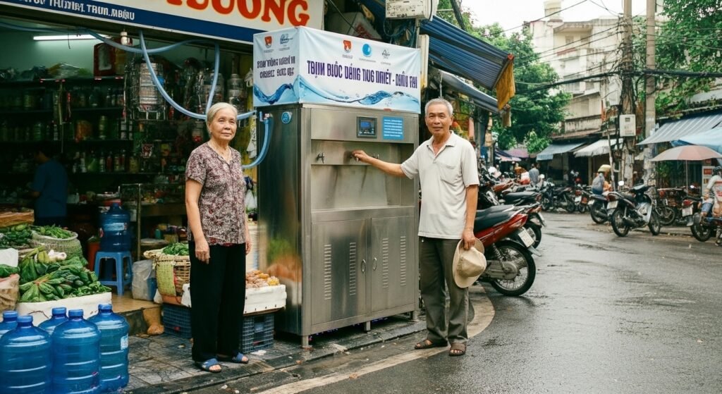 A local grocery store in Southeast Asia with a large stainless steel Water Purification refill station and two people standing outside