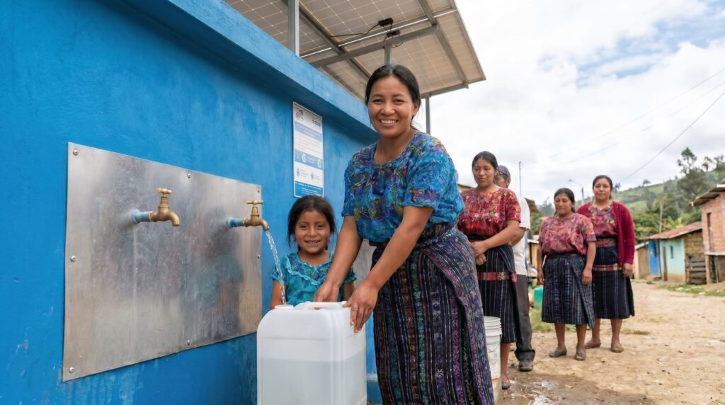 An indigenous woman and young girl smiling while filling a container at a solar-powered community Water Purifier station