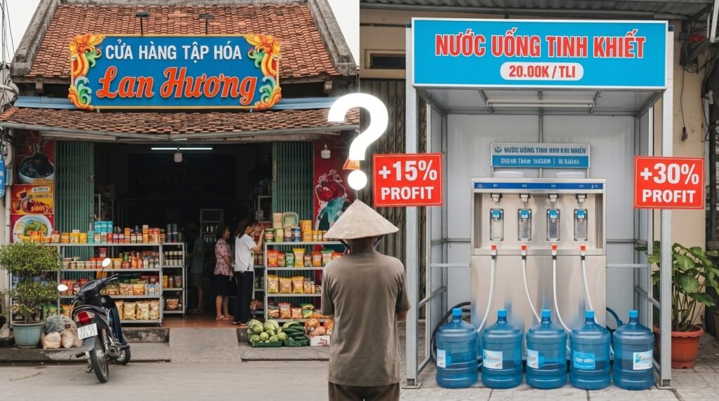 A profit comparison between a traditional grocery store and an automated water refill station