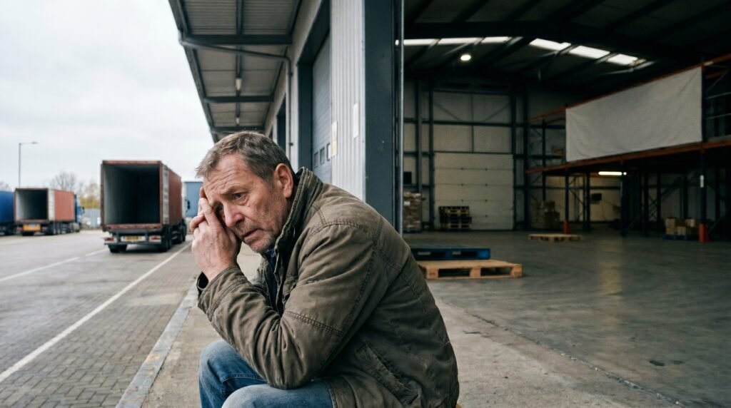 A stressed business owner sitting outside an empty distribution warehouse dealing with international logistics and supply chain delays.