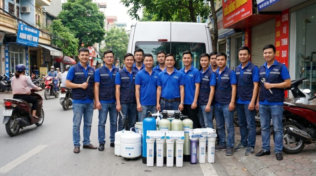 A team of professional technicians standing in front of a white service van with various commercial Water Purification systems and filters displayed on the street.