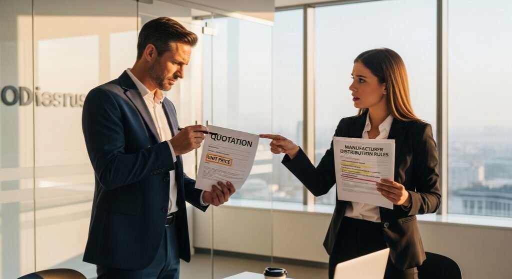Two business professionals in a modern office negotiating pricing and distribution rules for commercial Water Purification systems.premium water purifiers