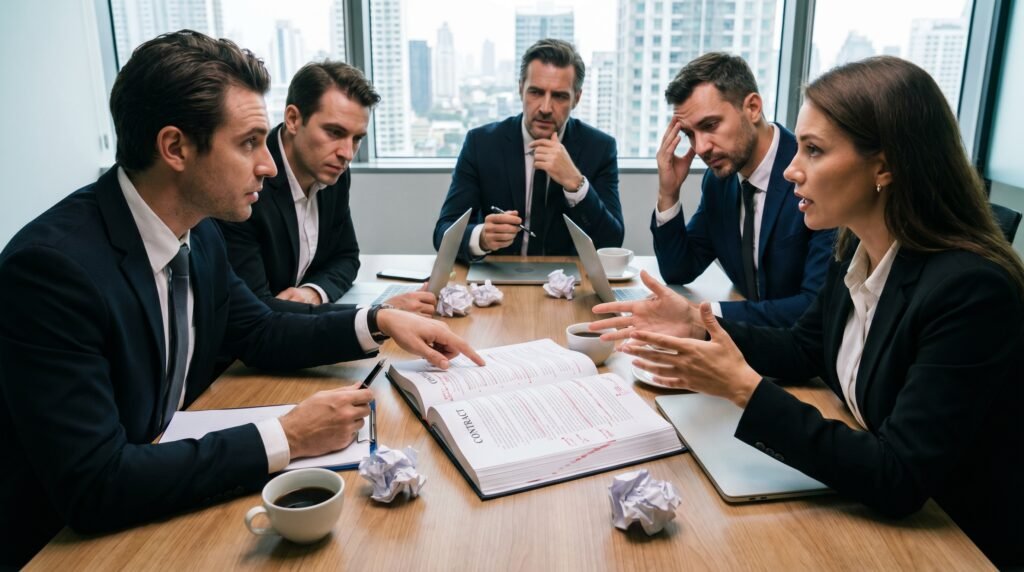 A corporate executive team actively debating contract terms during a commercial Water Purifier business negotiation.