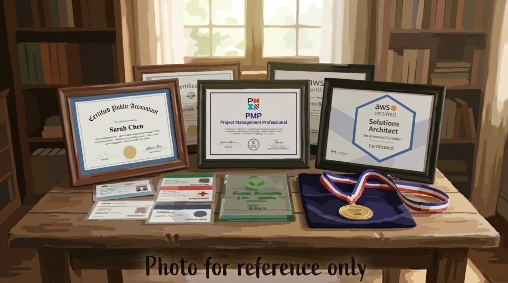 A collection of professional certifications, qualification credentials, and industry awards displayed on a wooden desk to establish company trust.