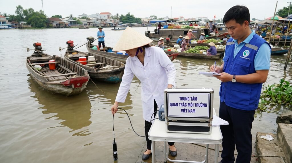 Vietnamese environmental monitoring team testing river water quality at a floating market in the Mekong Delta, Vietnam water refill business