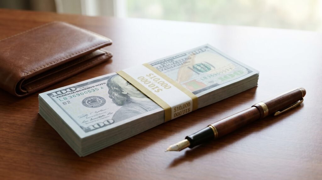 A stack of ten thousand US dollars in hundred-dollar bills next to a leather wallet and a pen on a wooden table