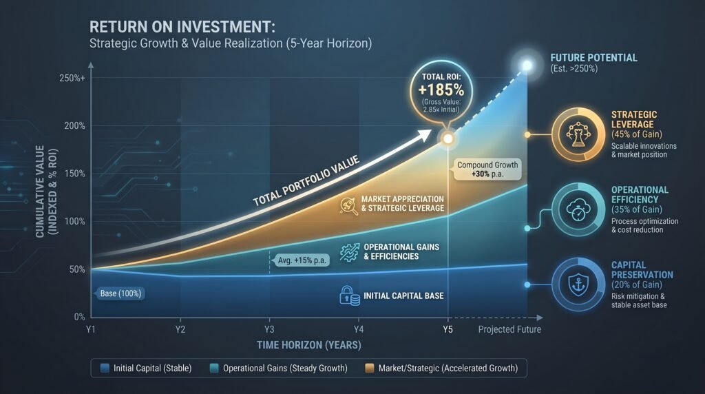 A financial chart illustrating a 5-year return on investment projection reaching +185% total ROI, categorized by initial capital, operational gains, and strategic leverage.