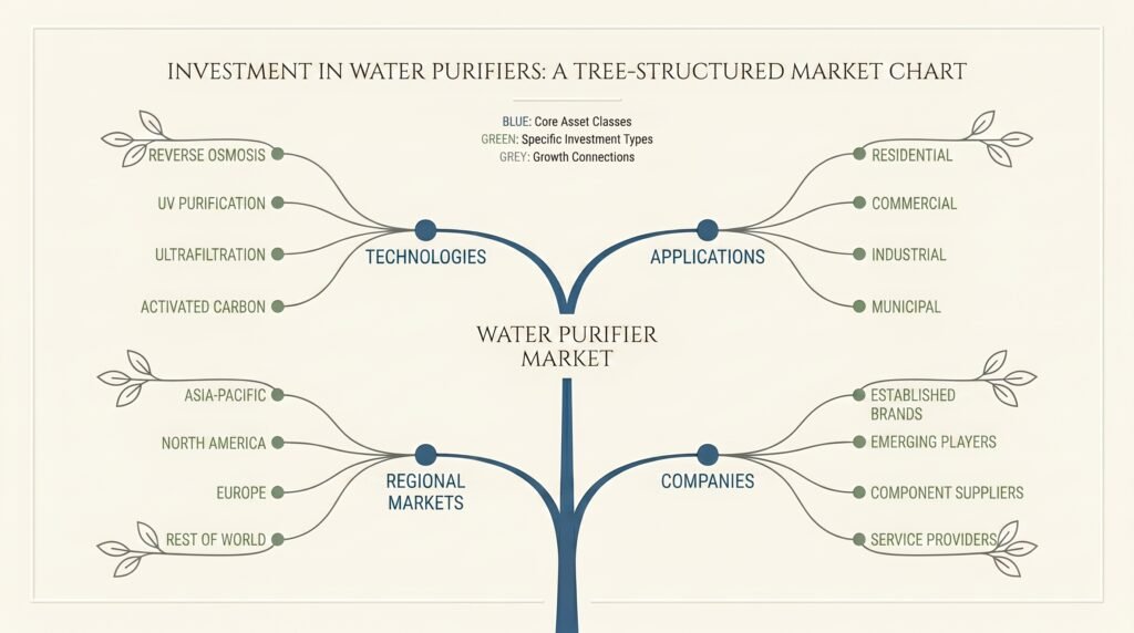 A tree-structured market chart illustrating investment categories in the water purifier market, divided into technologies, applications, regional markets, and companies.