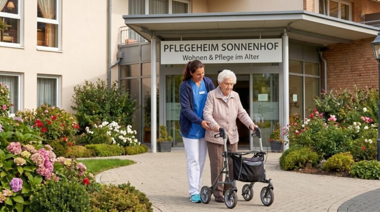 Professional caregiver assisting an elderly resident at a modern senior care facility, focusing on health, wellness, and water safety standards.