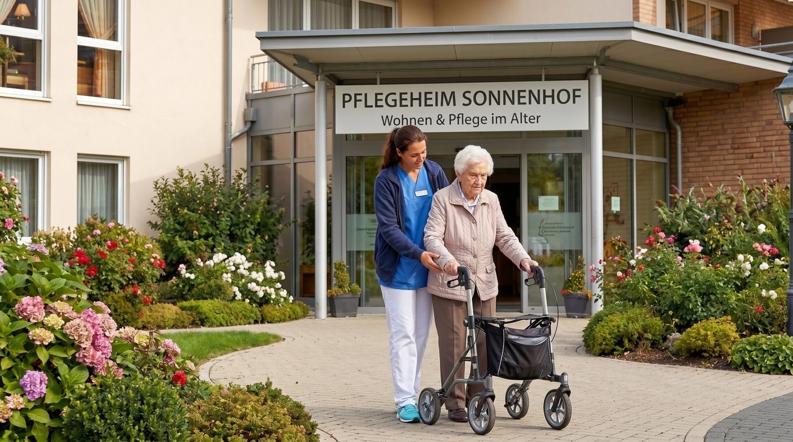 Professional caregiver assisting an elderly resident at a modern senior care facility, focusing on health, wellness, and water safety standards.