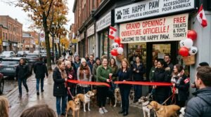 Crowd gathered for the grand opening ribbon-cutting ceremony of a successful pet grooming store in Canada, powered by our commercial water systems.