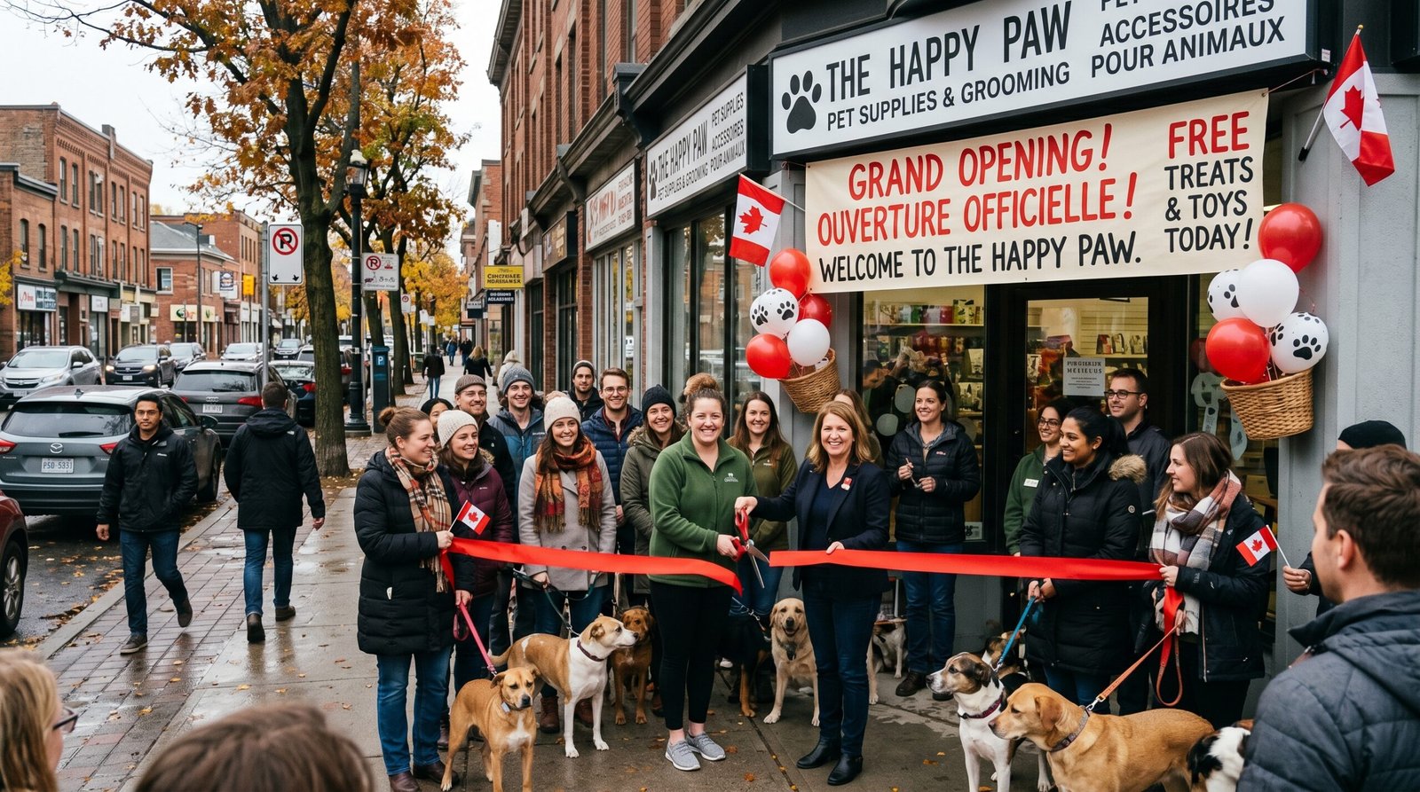 Crowd gathered for the grand opening ribbon-cutting ceremony of a successful pet grooming store in Canada, powered by our commercial water systems.