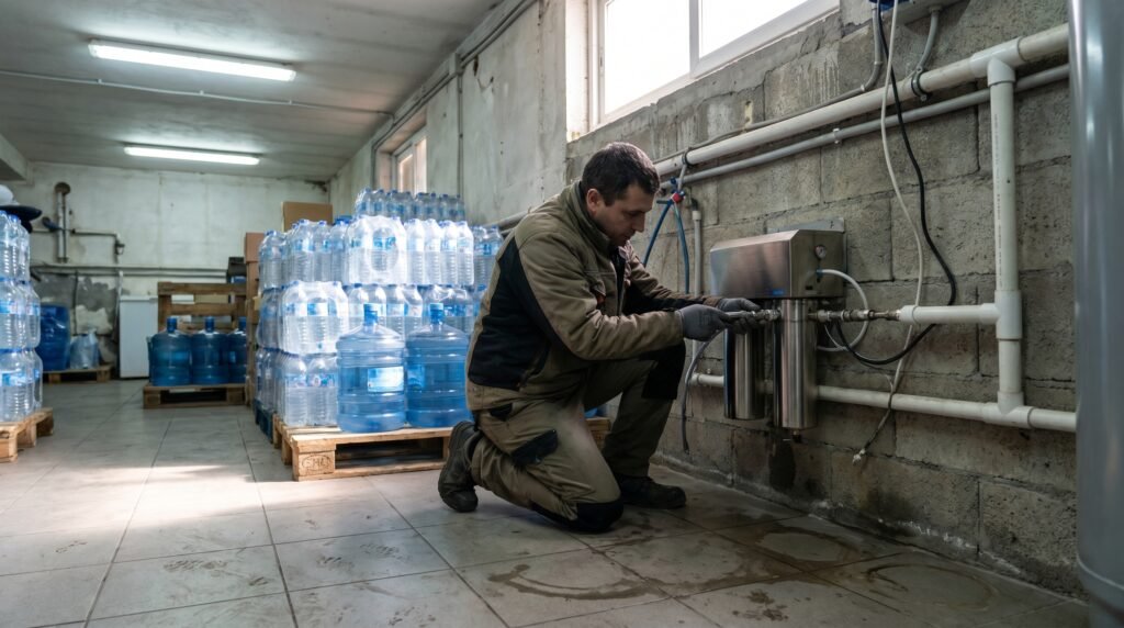 Commercial industrial water filtration system installed at a water refill station