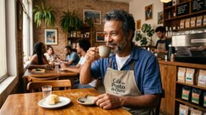 Happy cafe owner enjoying a perfectly extracted cup of coffee in a busy Rio coffee shop, highlighting the result of premium water filtration.