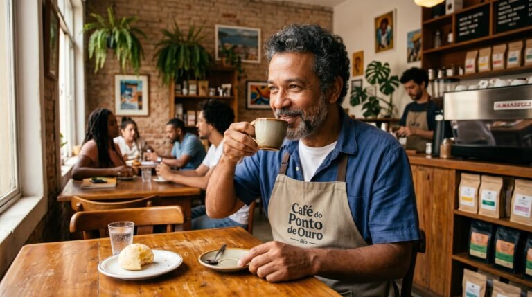 Happy cafe owner enjoying a perfectly extracted cup of coffee in a busy Rio coffee shop, highlighting the result of premium water filtration.