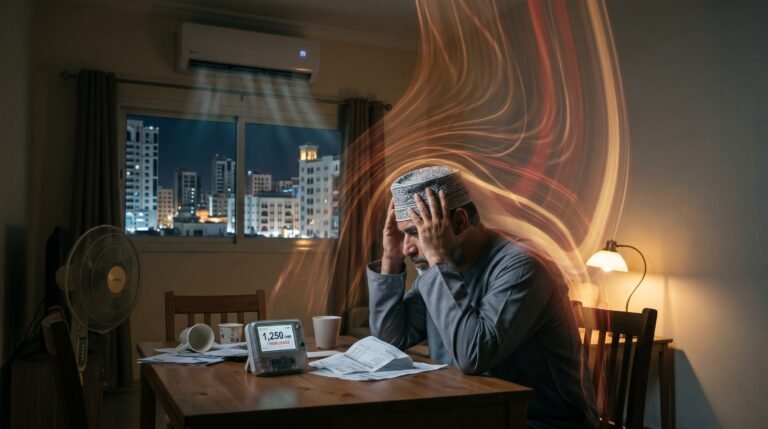 A man sits at a table at night, holding his head in distress, with a meter showing "1,250 OMR / High Usage" and utility bills in front of him