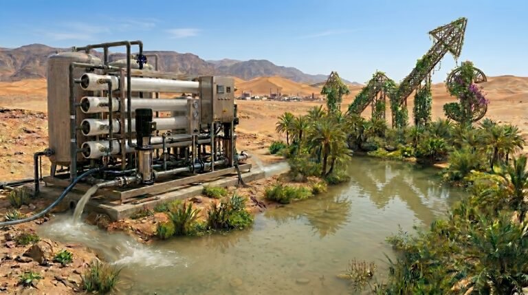 A small reverse osmosis water treatment unit discharging purified water in the desert, creating an oasis with a growth-arrow shaped vine trellis