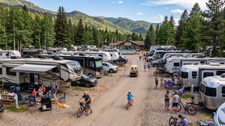 Aerial view of Pine Crest Mountain RV resort with rows of parked RVs and visitors biking, picnicking, and enjoying outdoor activities
