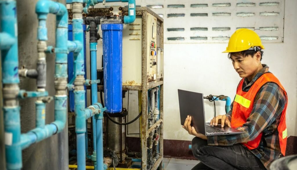 Engineer inspecting commercial reverse osmosis water purification system in a manufacturing facility