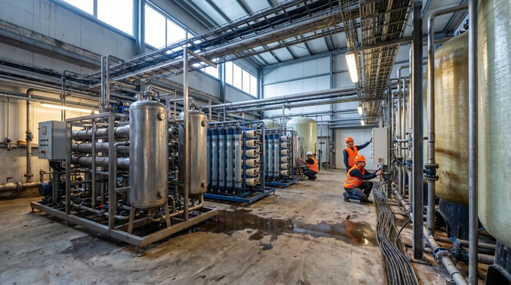 Industrial water filtration systems in a factory water treatment room
