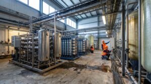 Industrial water filtration systems in a factory water treatment room