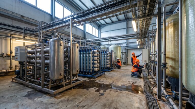 Industrial water filtration systems in a factory water treatment room