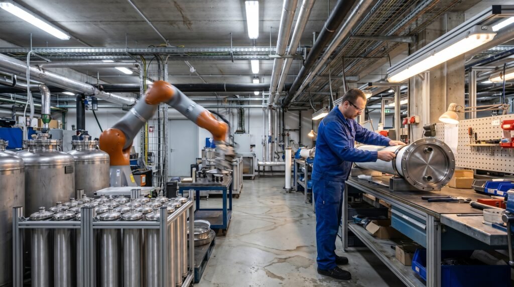 Precision assembly line building industrial water filtration system componentsv
