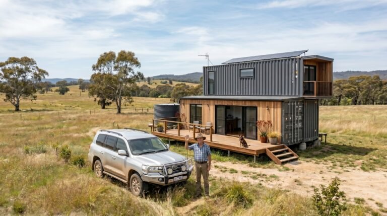 A two-story shipping container home in the countryside with rooftop solar panels and a rainwater tank, with a man and his dog standing on the wooden deck