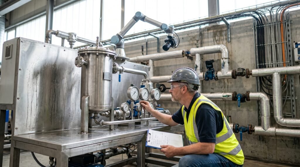 Testing a food and beverage water treatment system before shipment