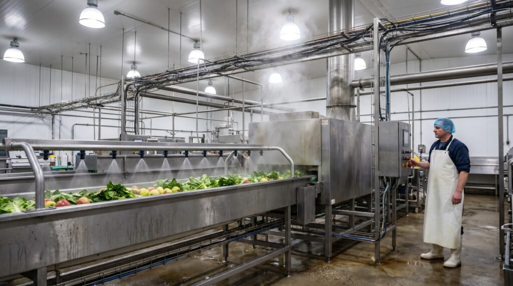 Treated water used in a food and beverage washing and rinsing line