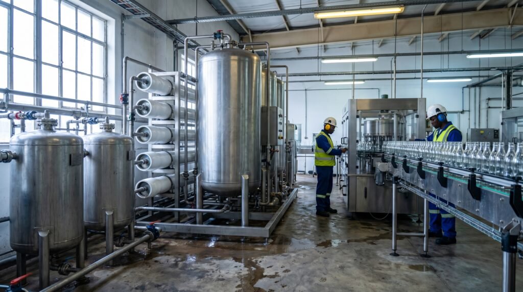 Water treatment system installed beside a food and beverage bottling line