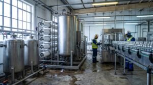 Water treatment system installed beside a food and beverage bottling line