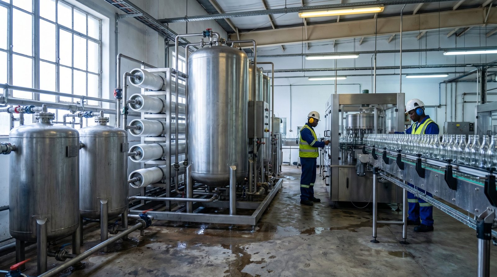 Water treatment system installed beside a food and beverage bottling line